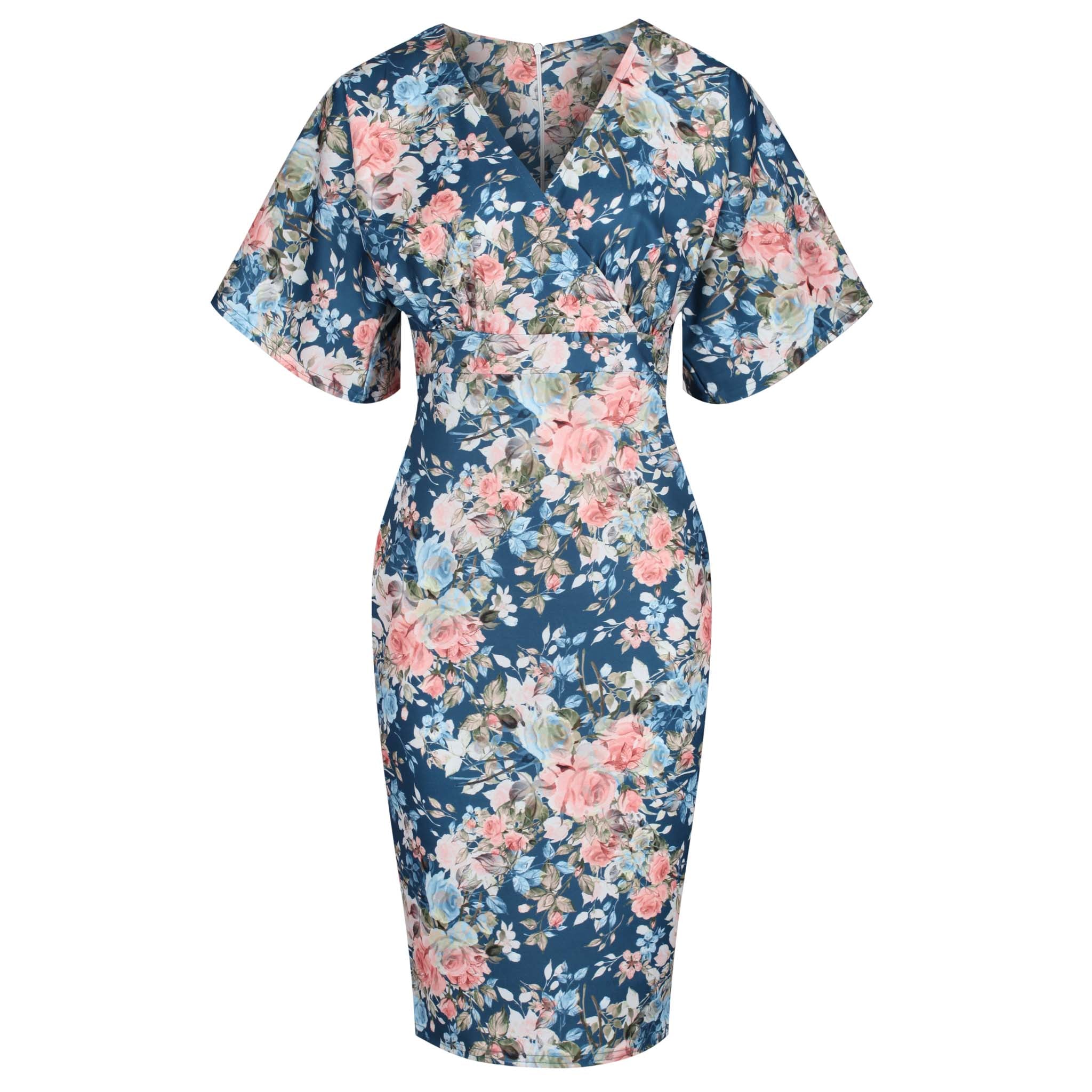 Blue Floral Half Batwing Sleeve Crossover Top Pencil Dress