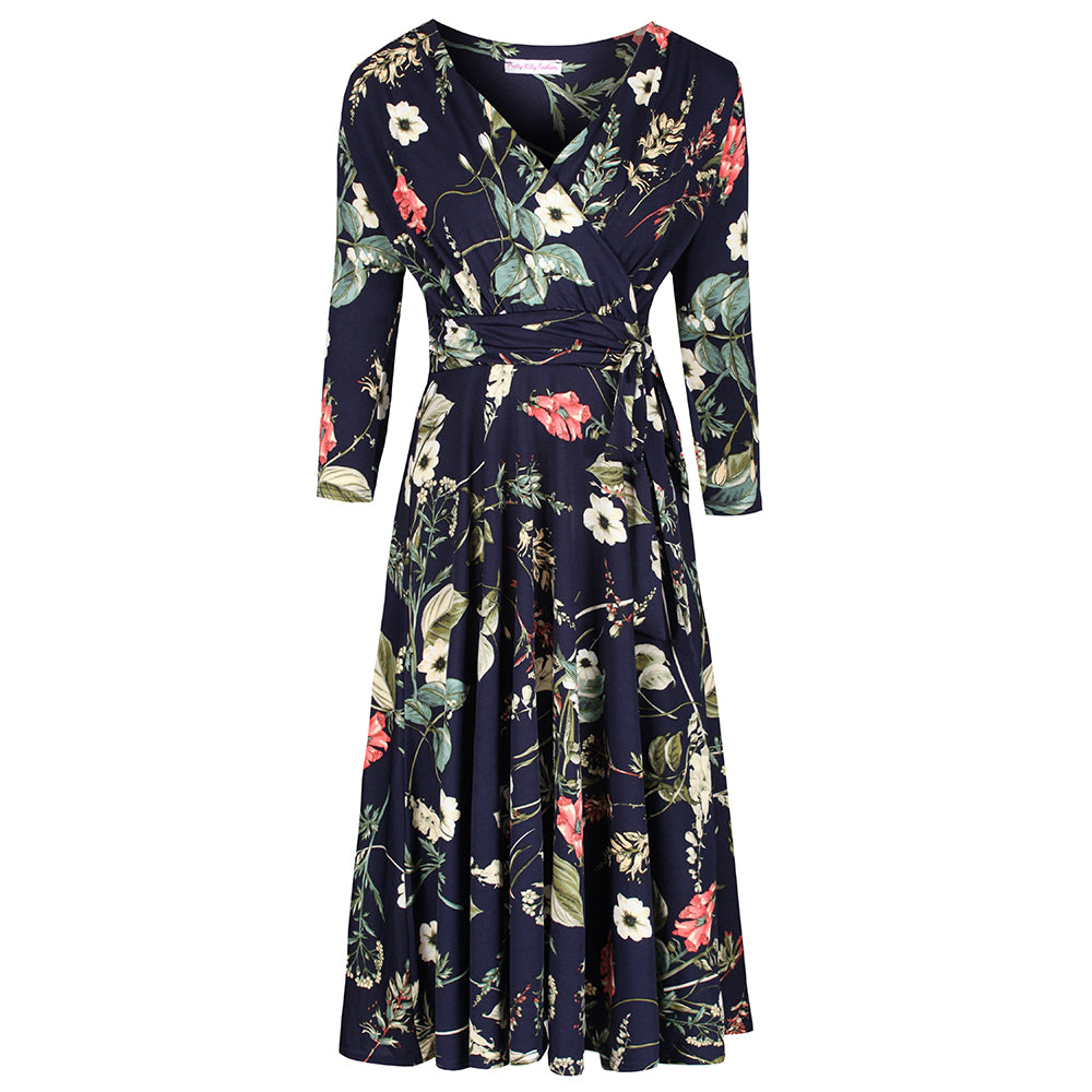 Navy Blue Floral 3/4 Sleeve V Neck Crossover Top Empire Waist Swing Dress - Pretty Kitty Fashion