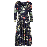 Navy Blue Floral 3/4 Sleeve V Neck Crossover Top Empire Waist Swing Dress - Pretty Kitty Fashion