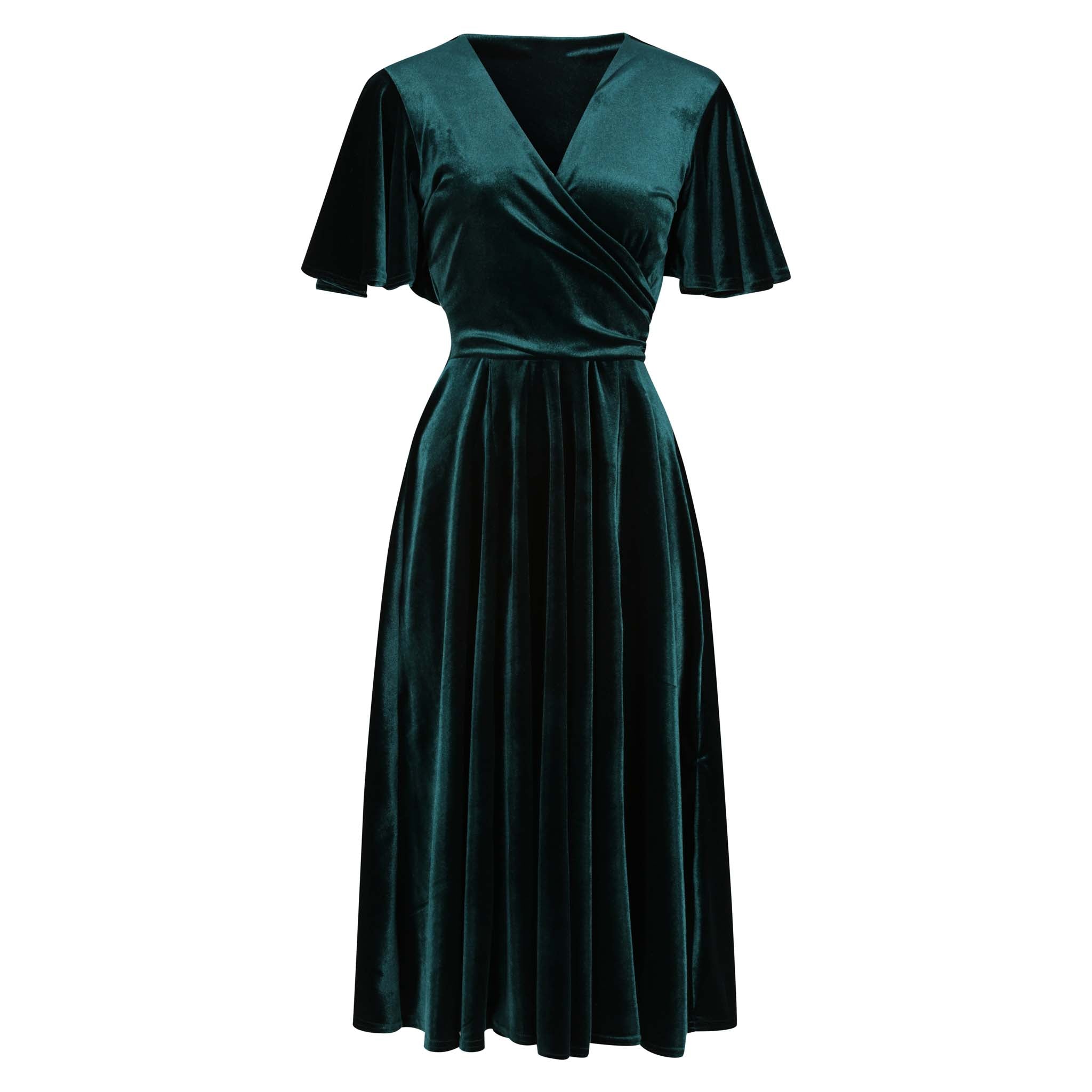 Emerald Green Velour Waterfall Sleeve Crossover Wrap Effect Swing Dress