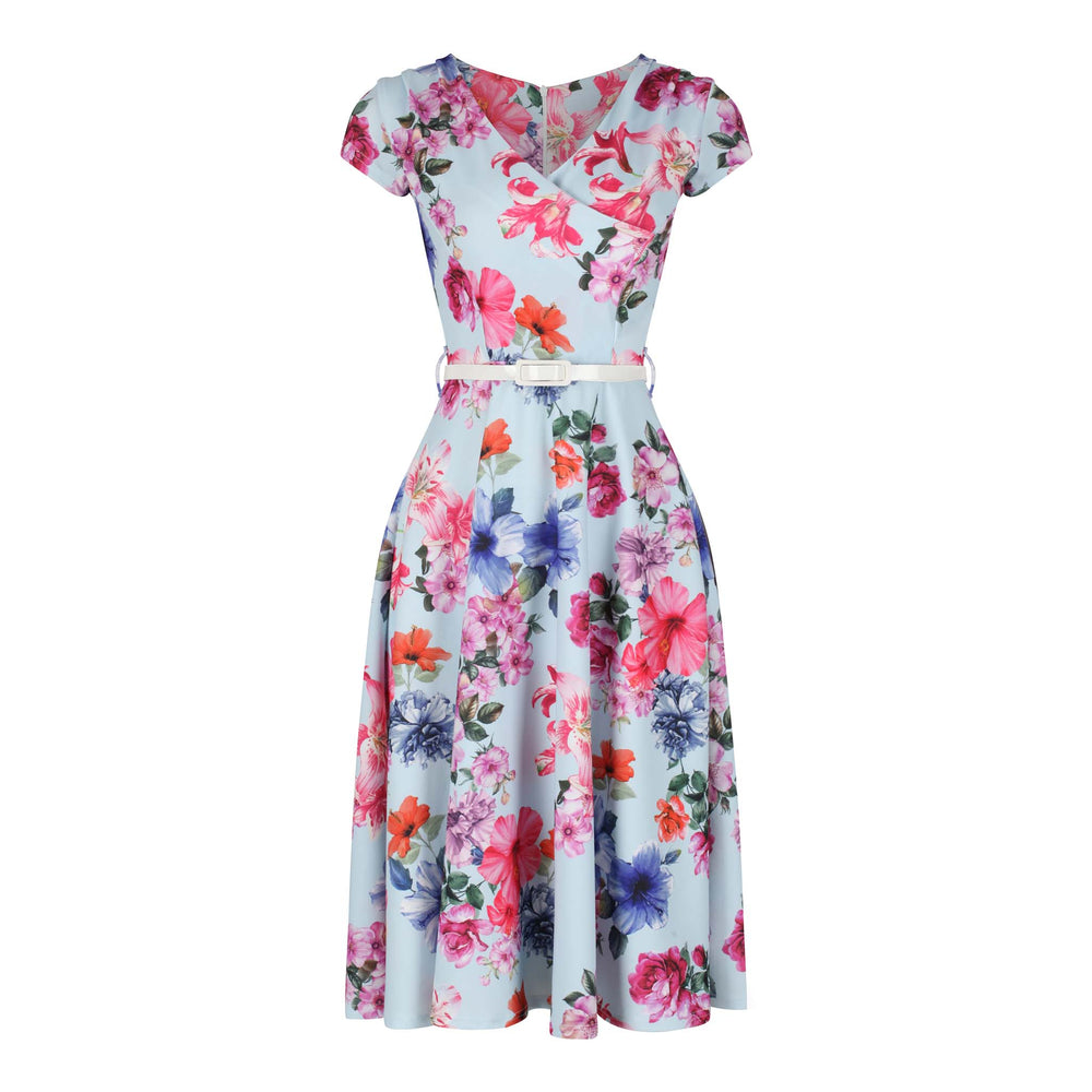 Blue Floral Print Capped Sleeve V Swing Summer Dress