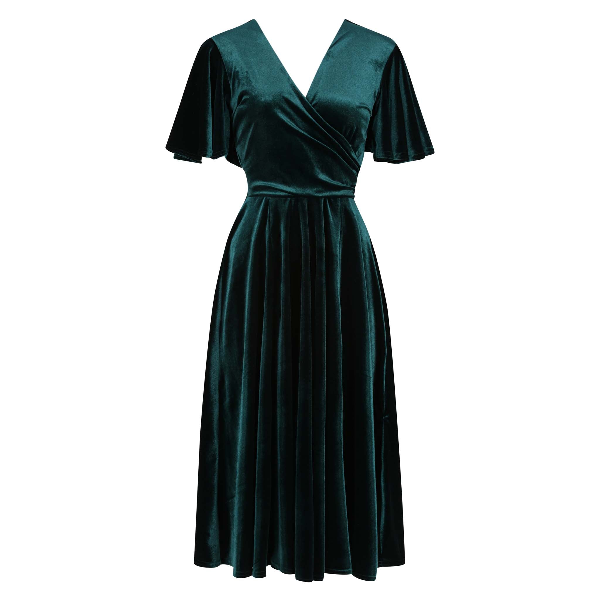 Emerald Green Velour Waterfall Sleeve Crossover Wrap Effect Swing Dress