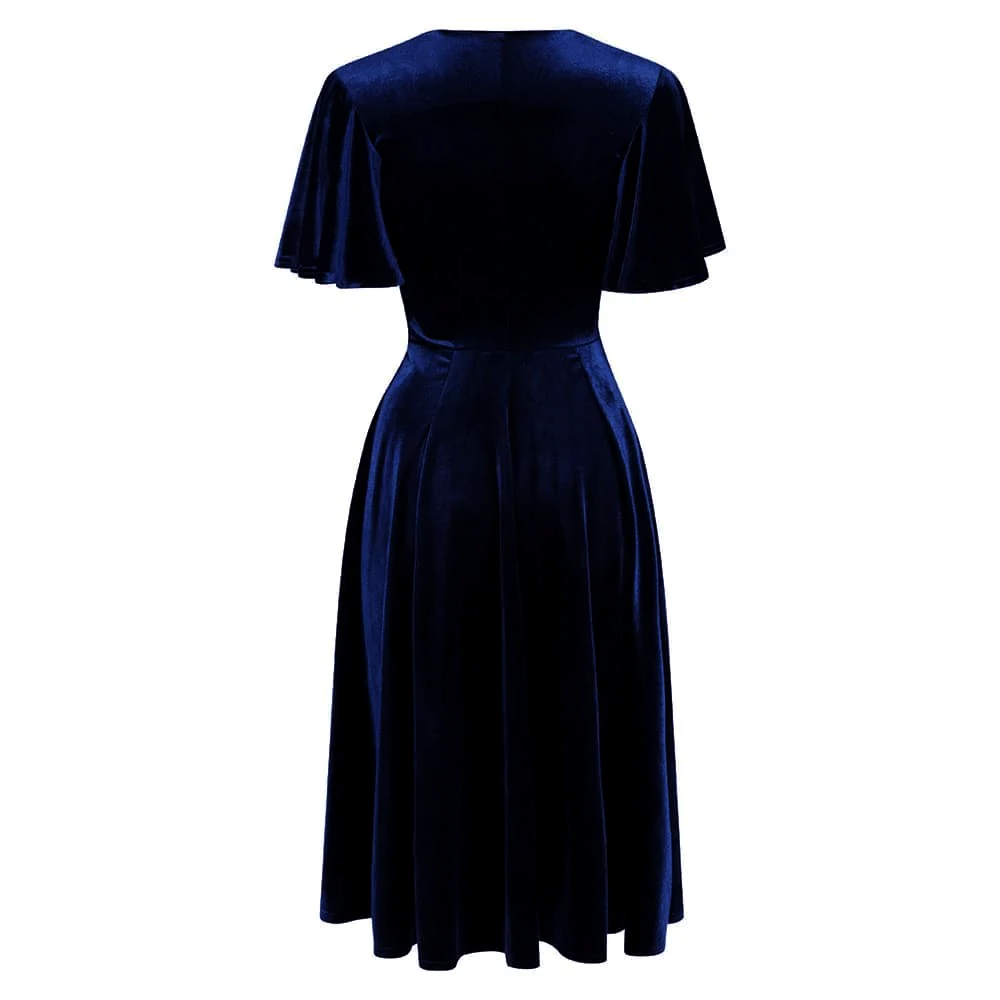 Navy Blue Velour Waterfall Sleeve Crossover Wrap Effect Swing Dress ...