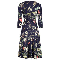 Navy Blue Floral 3/4 Sleeve V Neck Crossover Top Empire Waist Swing Dress - Pretty Kitty Fashion