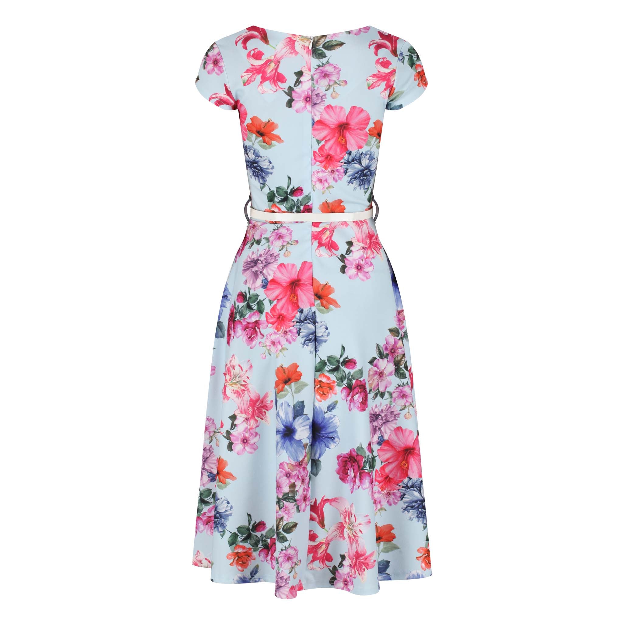 Blue Floral Print Capped Sleeve V Swing Summer Dress