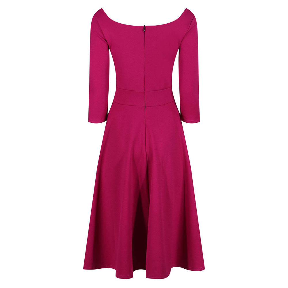 Magenta Diamond Neckline 3/4 Sleeve Vintage Swing Midi Dress