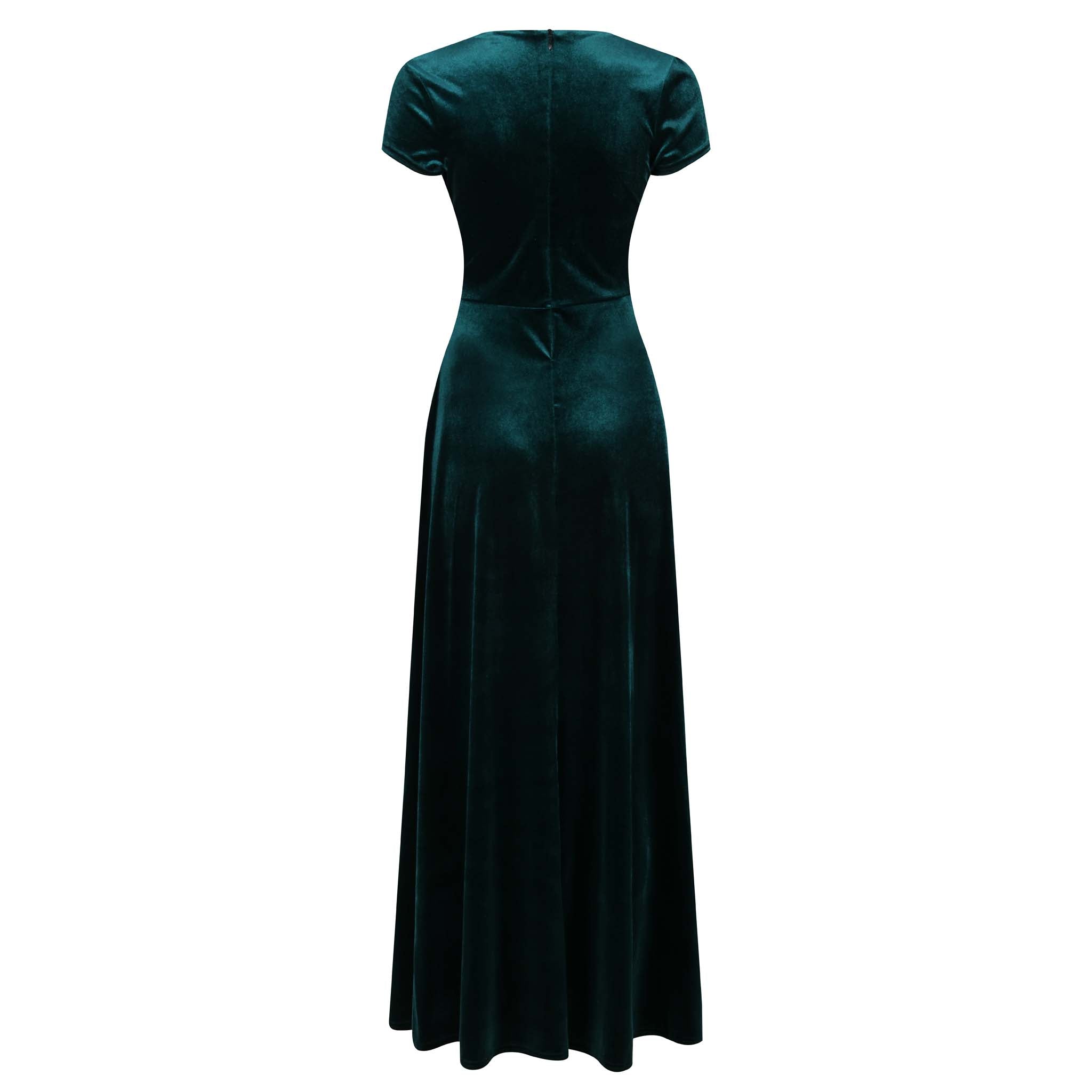 Emerald Green Velour V Neck Cap Sleeve Maxi Dress