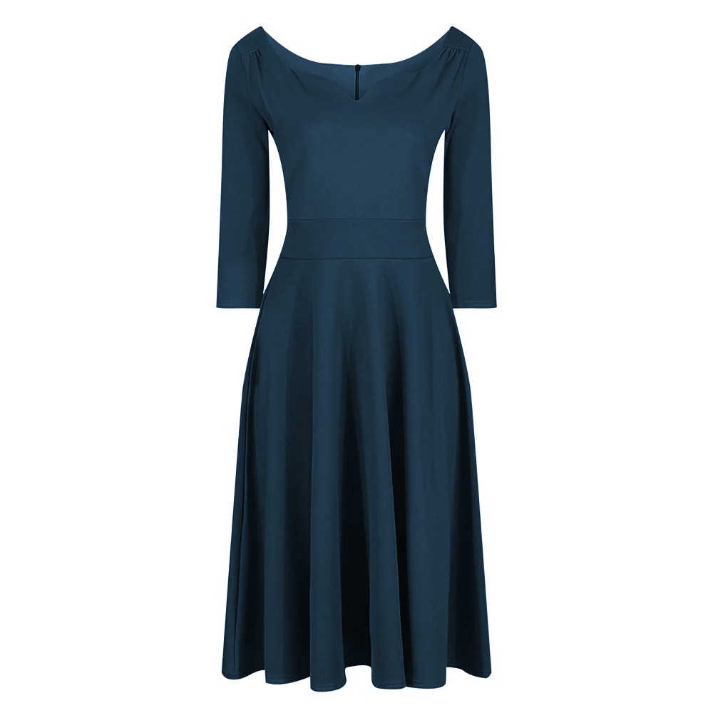 Teal Diamond Neckline 3/4 Sleeve Vintage Swing Midi Dress