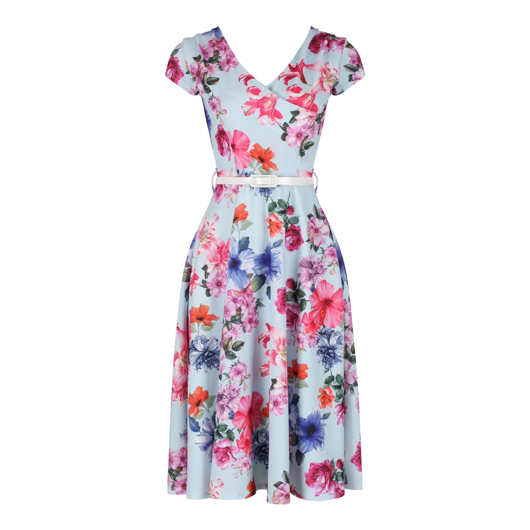 Blue Floral Print Capped Sleeve V Swing Summer Dress