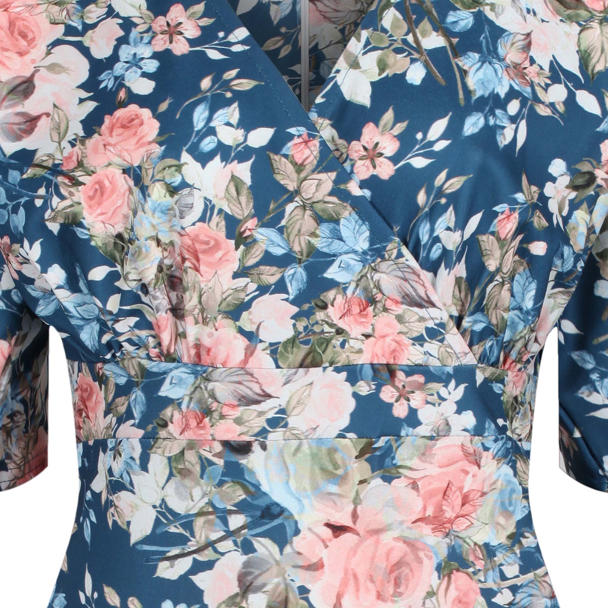 Blue Floral Half Batwing Sleeve Crossover Top Pencil Dress