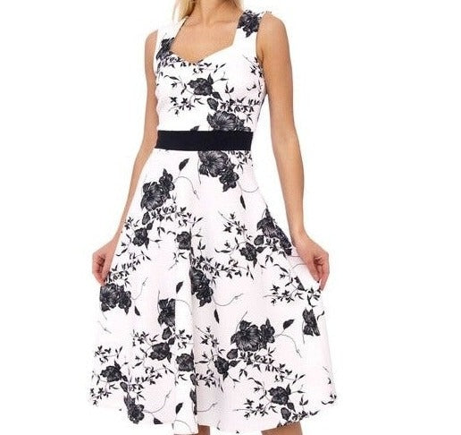 White And Black Floral Print Fit And Flare Swing Dress