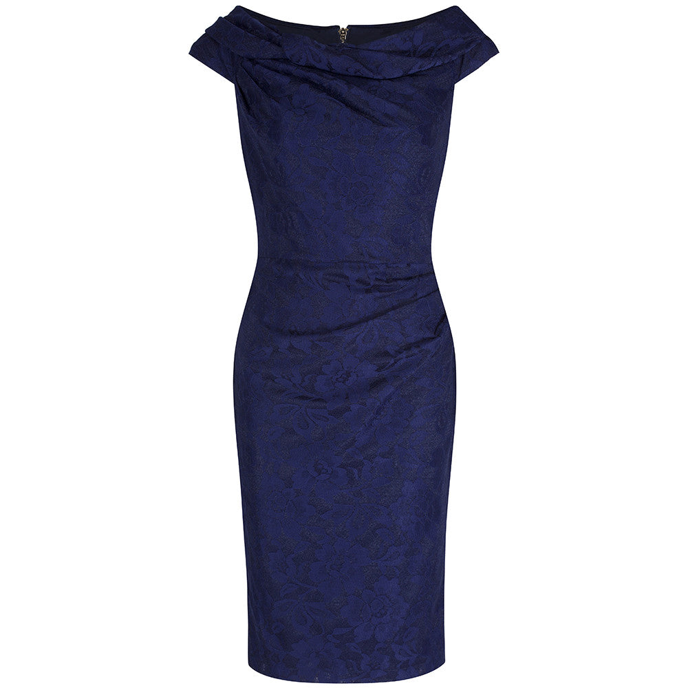Navy Blue Vintage Lace Bardot Wiggle Pencil Dress - Pretty Kitty Fashion