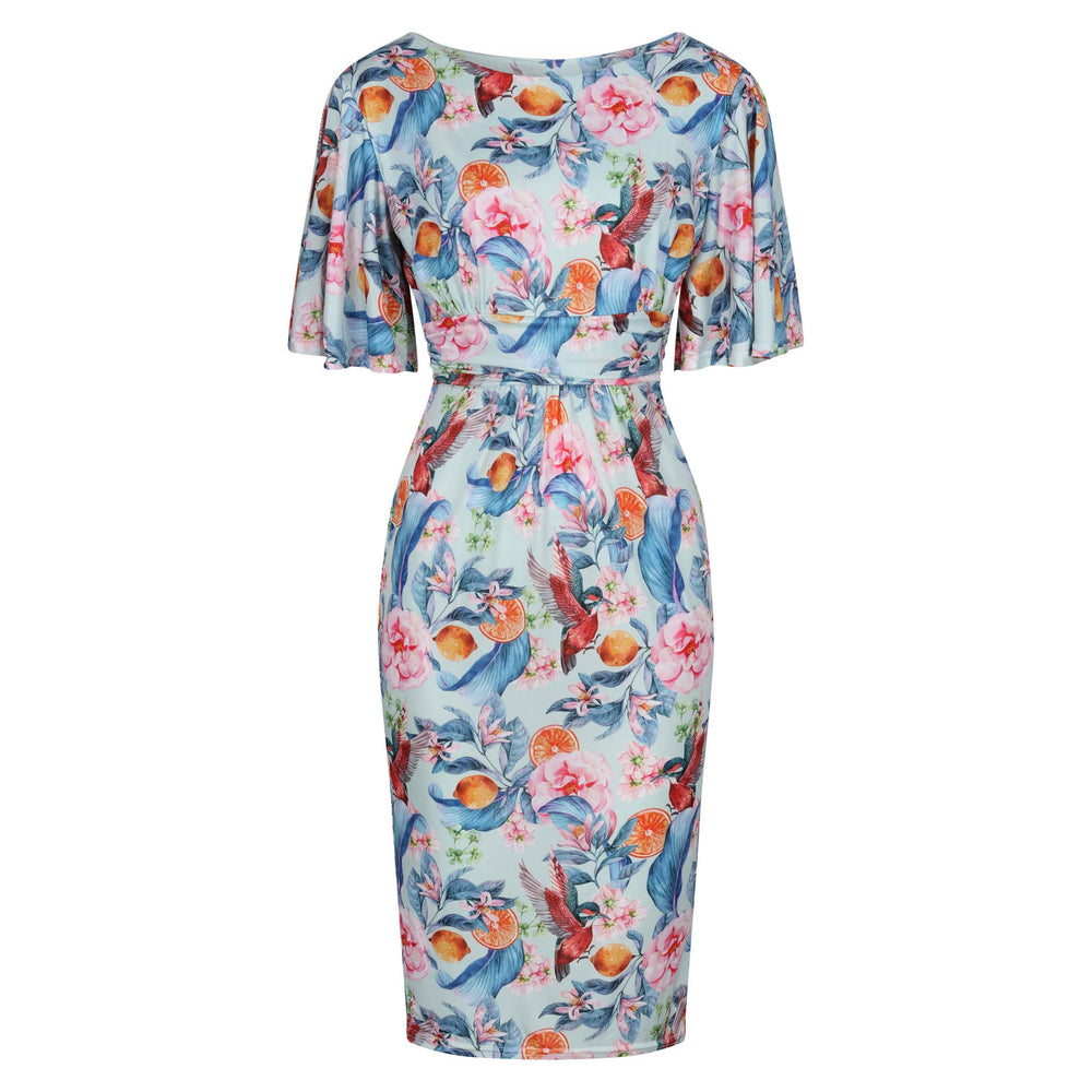 Blue Tropical Floral Fruit Print Waterfall Sleeve Bodycon Pencil Dress