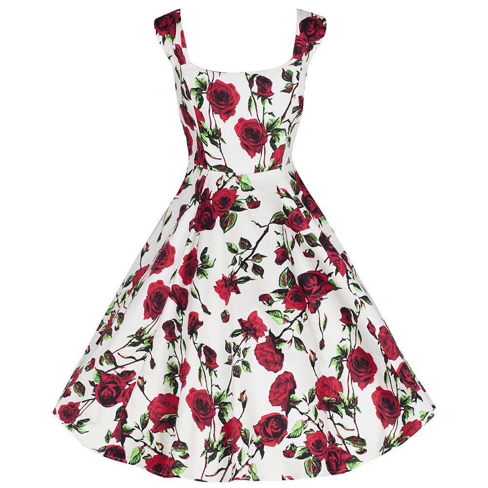 Ivory White and Red Rose Vintage Rockabilly Swing Dress - Pretty Kitty Fashion