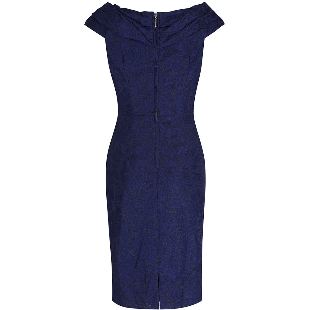 Navy Blue Vintage Lace Bardot Wiggle Pencil Dress - Pretty Kitty Fashion
