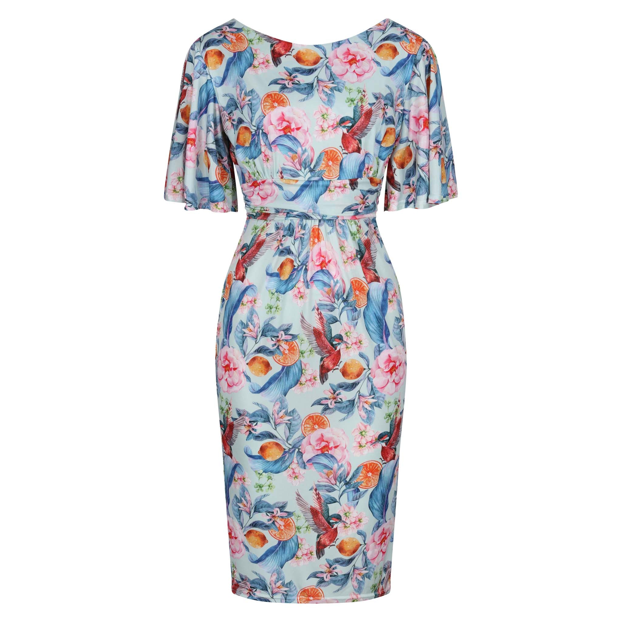 Blue Tropical Floral Fruit Print Waterfall Sleeve Bodycon Pencil Dress