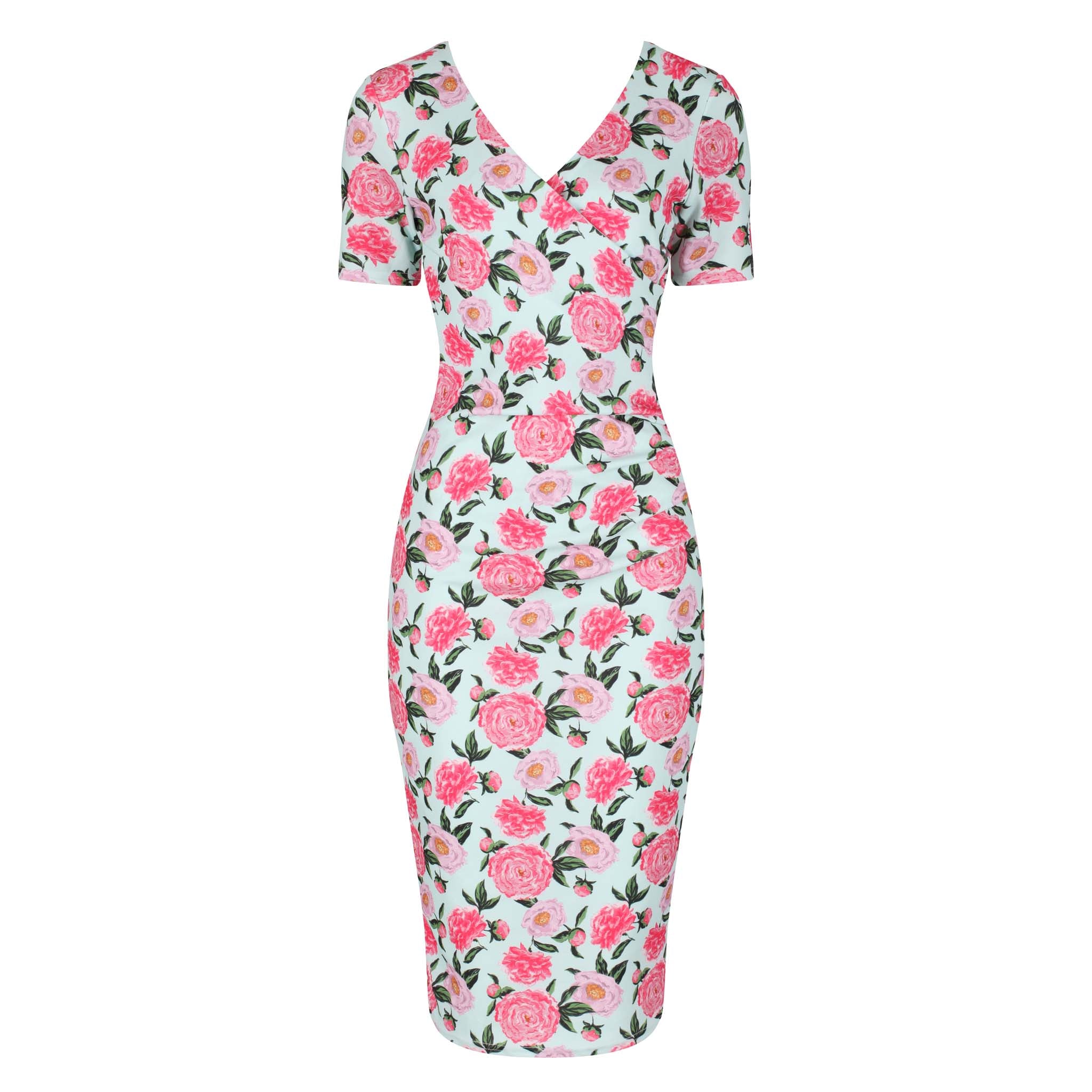Mint Green Pink Floral  Print Short Sleeve Summer Bodycon Wiggle Dress