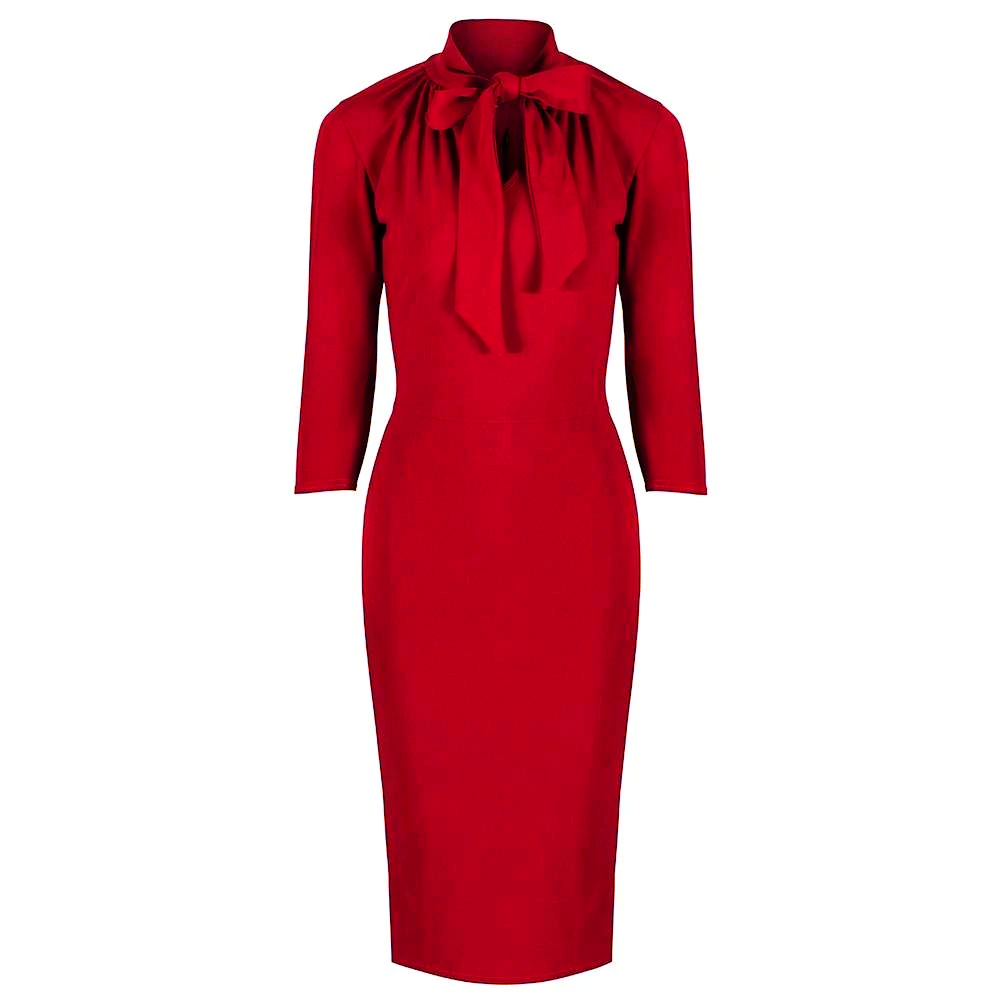 Red 3/4 Sleeve Tie Neck Bodycon Pencil Dress