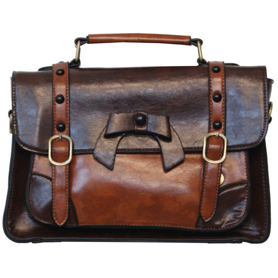 Dark Brown Tan Buckle And Bow Vintage Inspired Handbag