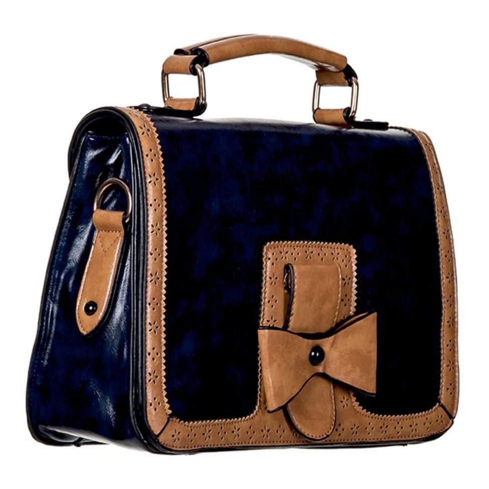Blue And Tan Bow Vintage Retro Inspired Handbag