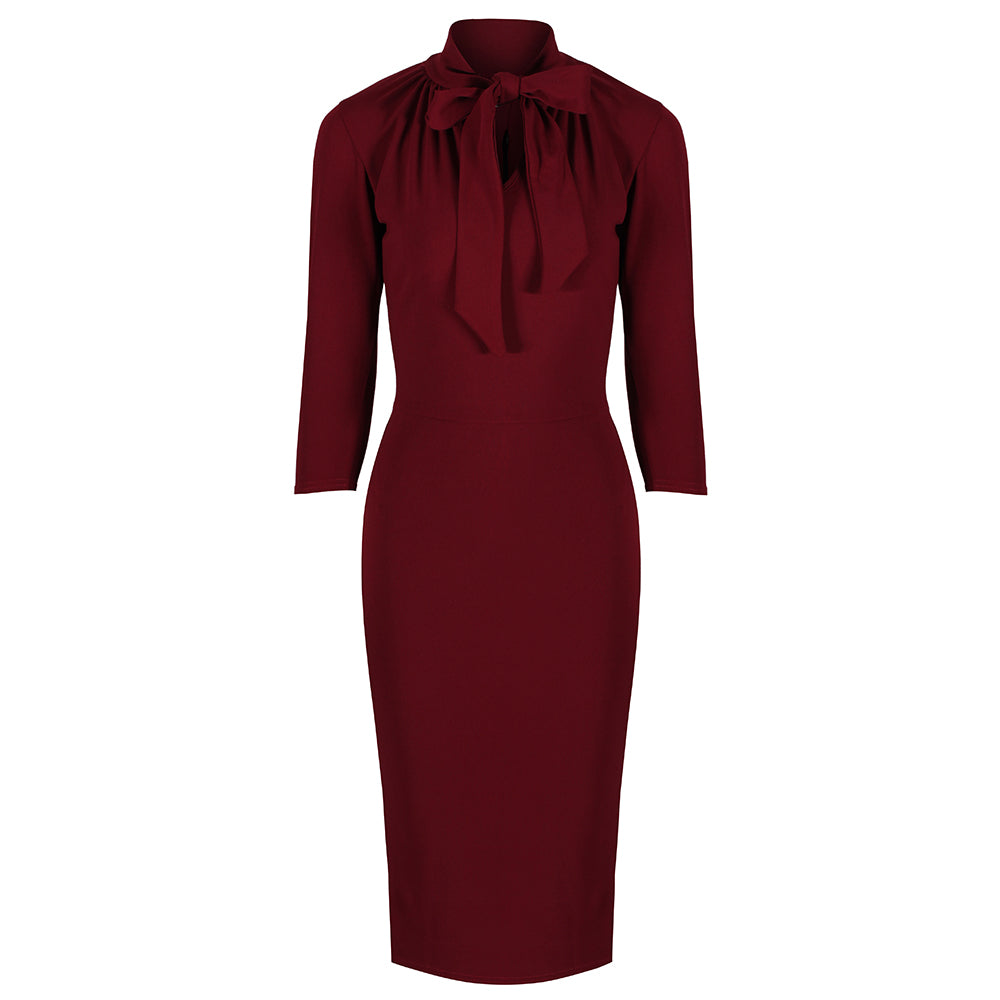 Wine Red 3/4 Sleeve Tie Neck Bodycon Pencil Dress - Pretty Kitty Fashion