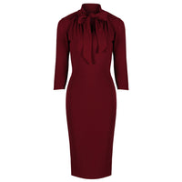 Wine Red 3/4 Sleeve Tie Neck Bodycon Pencil Dress - Pretty Kitty Fashion