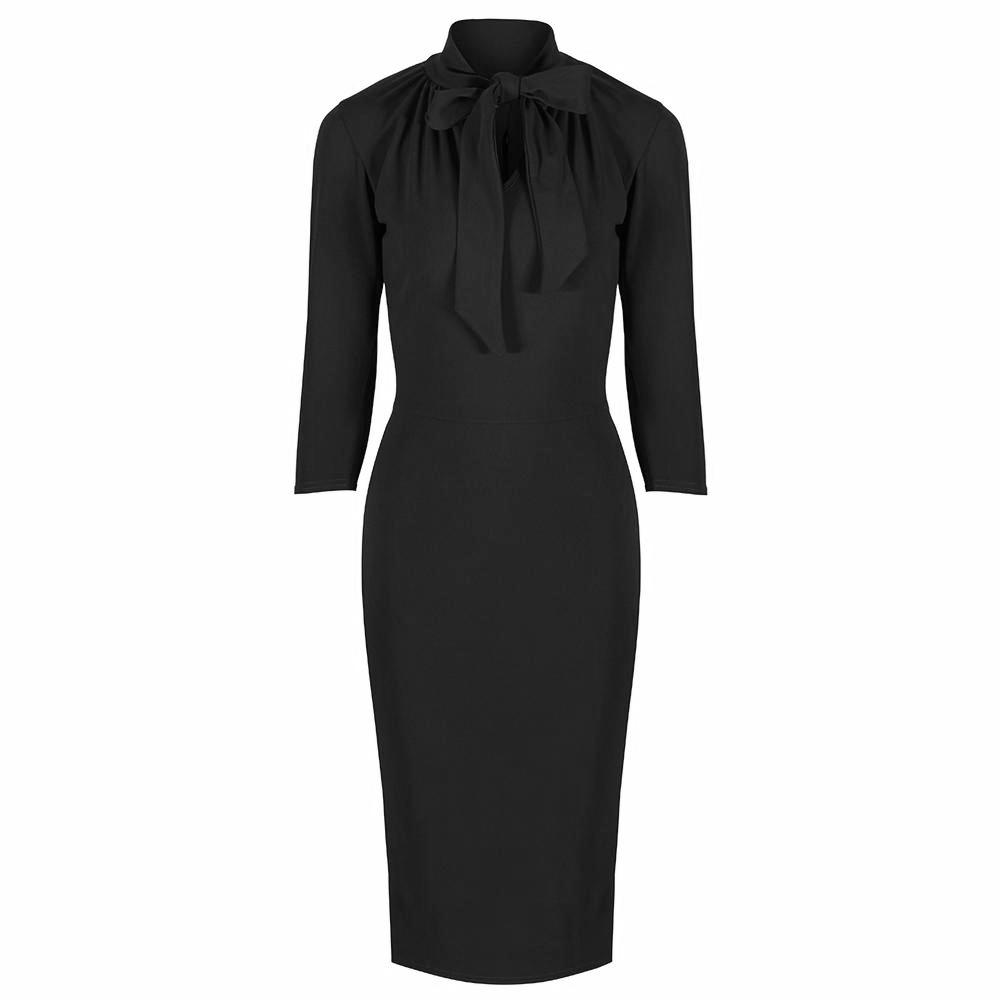 Black 3/4 Sleeve Tie Neck Bodycon Pencil Dress - Pretty Kitty Fashion