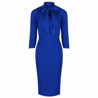 Royal Blue 3/4 Sleeve Tie Neck Bodycon Pencil Dress - Pretty Kitty Fashion