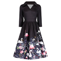 Black 3/4 Sleeve Swan and Flamingo Print 50s Swing Tea Dress - Pretty Kitty Fashion