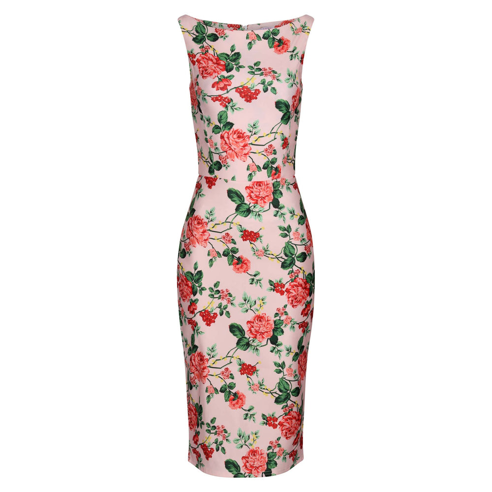 Pink Rose Print Audrey Inspired Wiggle Bodycon Midi Dress