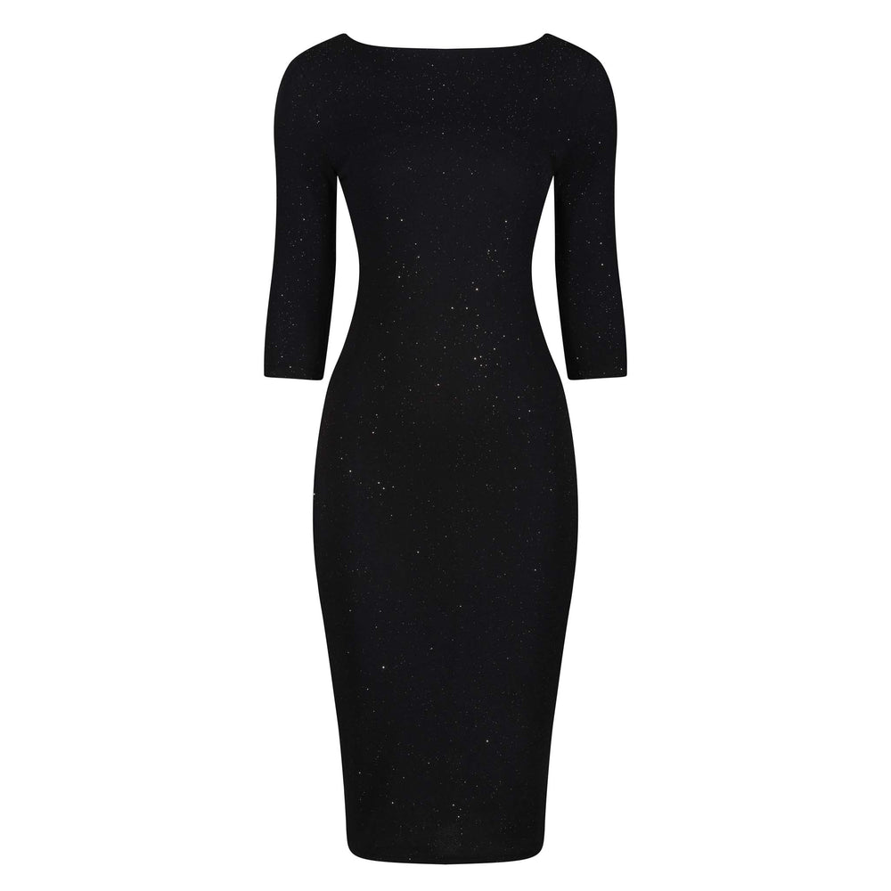 Black Silver Glitter 3/4 Sleeve Bodycon Velour Midi Party Dress