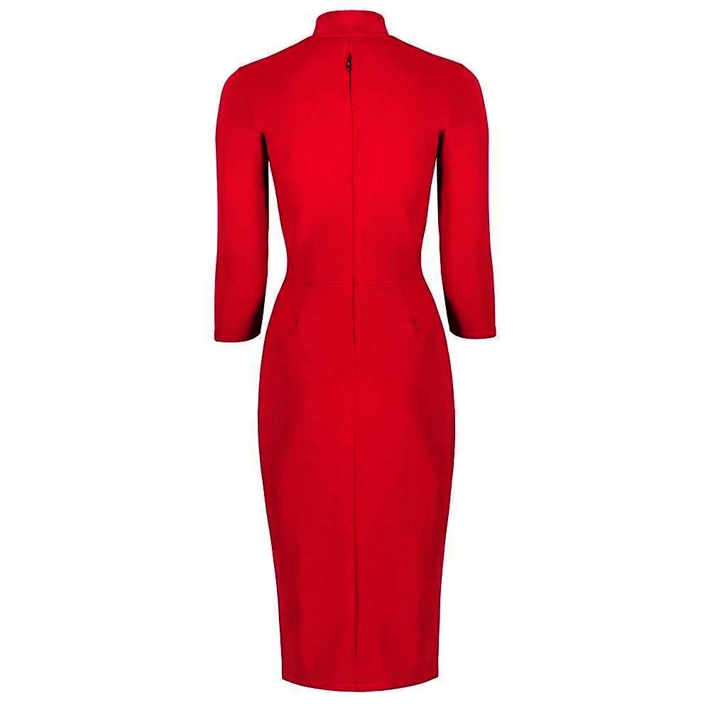 Red 3/4 Sleeve Tie Neck Bodycon Pencil Dress – Pretty Kitty Fashion
