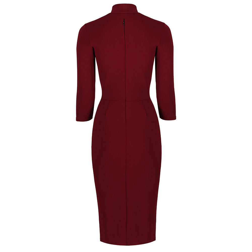 Wine Red 3/4 Sleeve Tie Neck Bodycon Pencil Dress - Pretty Kitty Fashion