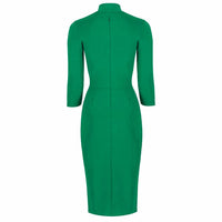 Green 3/4 Sleeve Tie Neck Bodycon Pencil Dress - Pretty Kitty Fashion