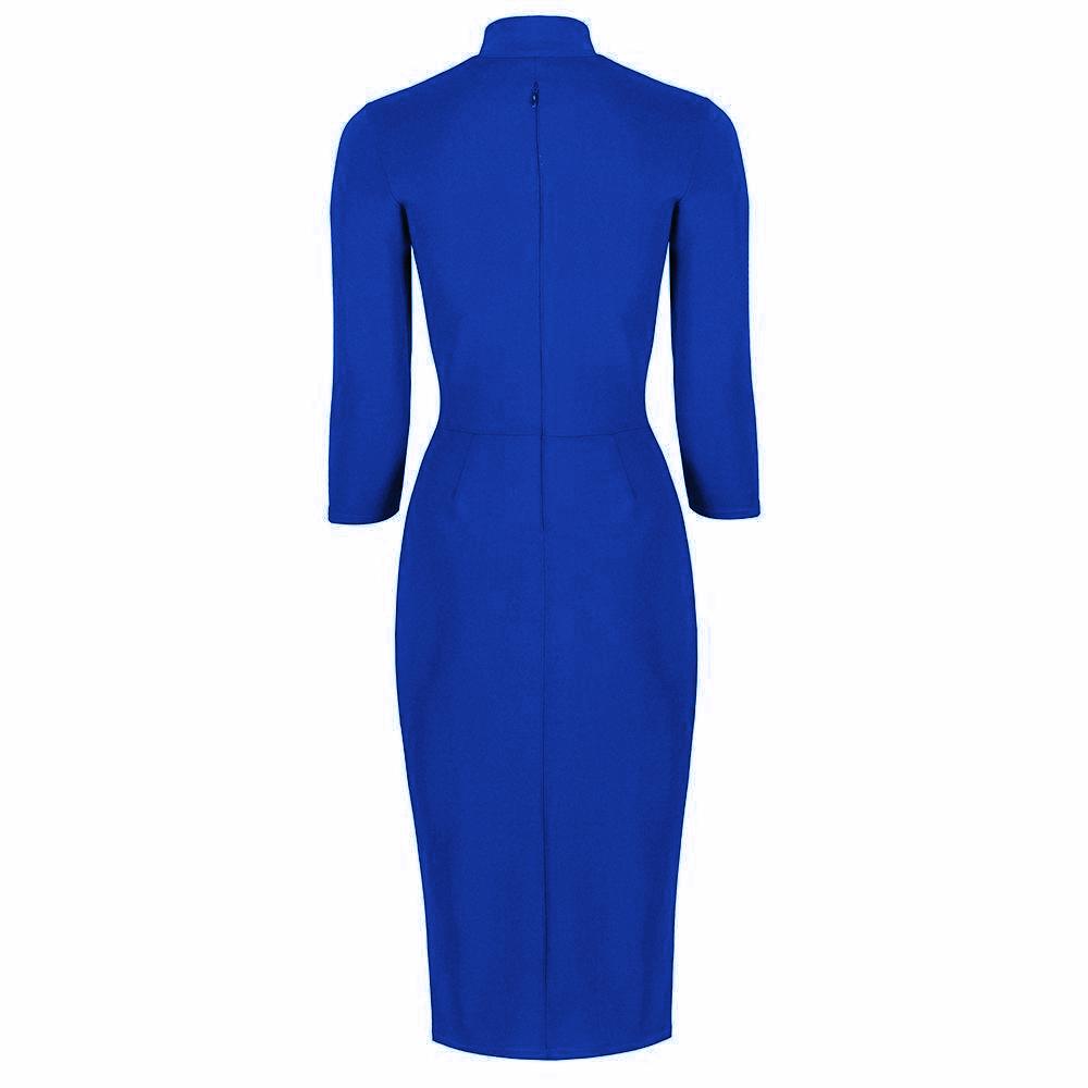 Royal Blue 3/4 Sleeve Tie Neck Bodycon Pencil Dress - Pretty Kitty Fashion