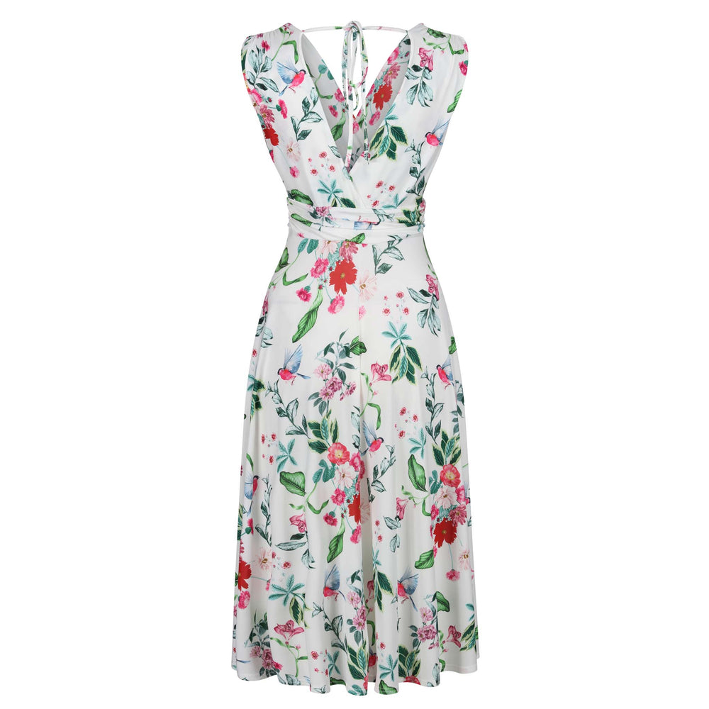 White and Red Floral V Neck Crossover Top Empire Waist Swing Dress