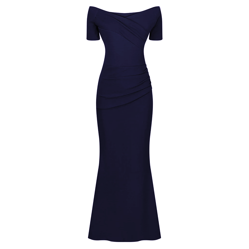Navy Blue Bardot Capped Sleeve Maxi Dress