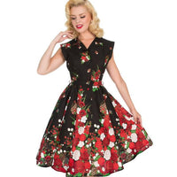 Black Floral Print Sleeveless Front Button Collared 50s Swing Dress - Pretty Kitty Fashion