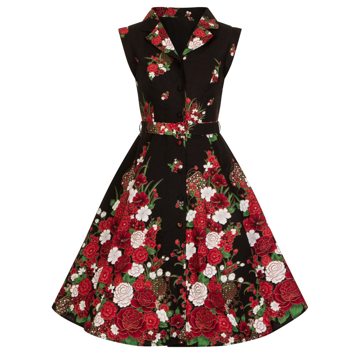Black Floral Print Sleeveless Front Button Collared 50s Swing Dress - Pretty Kitty Fashion