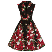 Black Floral Print Sleeveless Front Button Collared 50s Swing Dress - Pretty Kitty Fashion