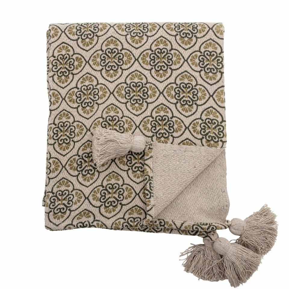 Olive & Cream Patterned Tassel Throw