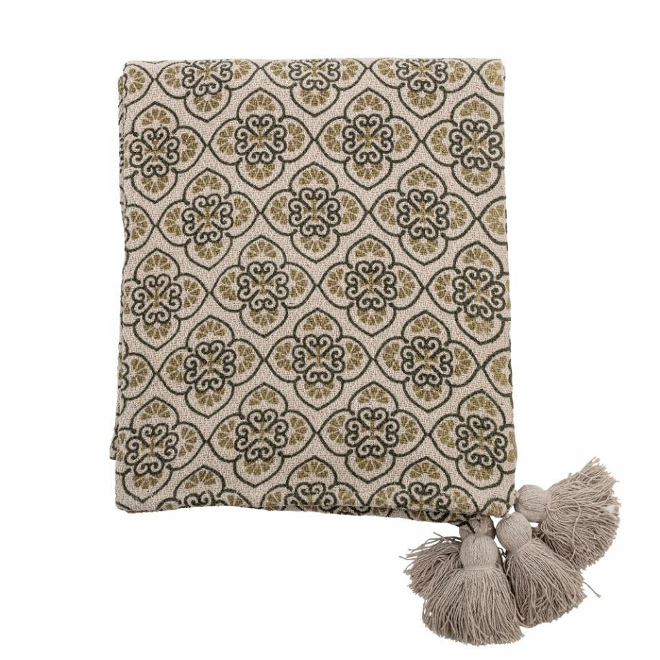 Olive & Cream Patterned Tassel Throw