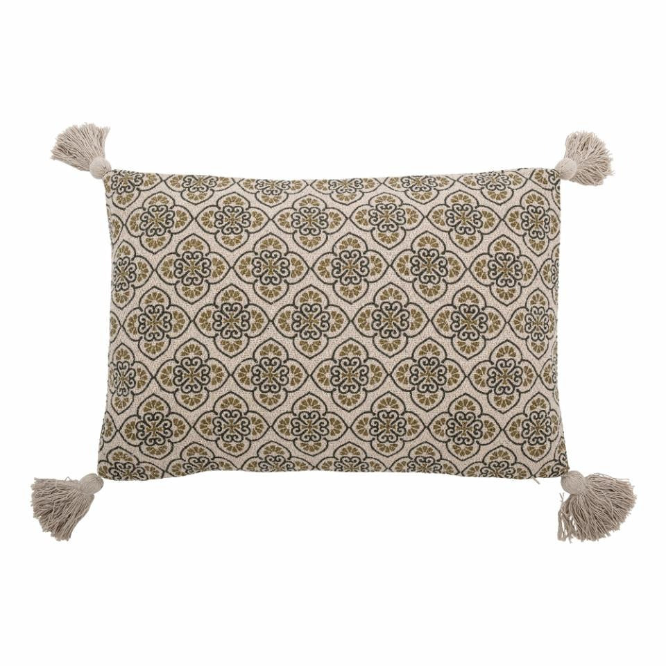 Olive & Cream Patterned Tassel Cushion
