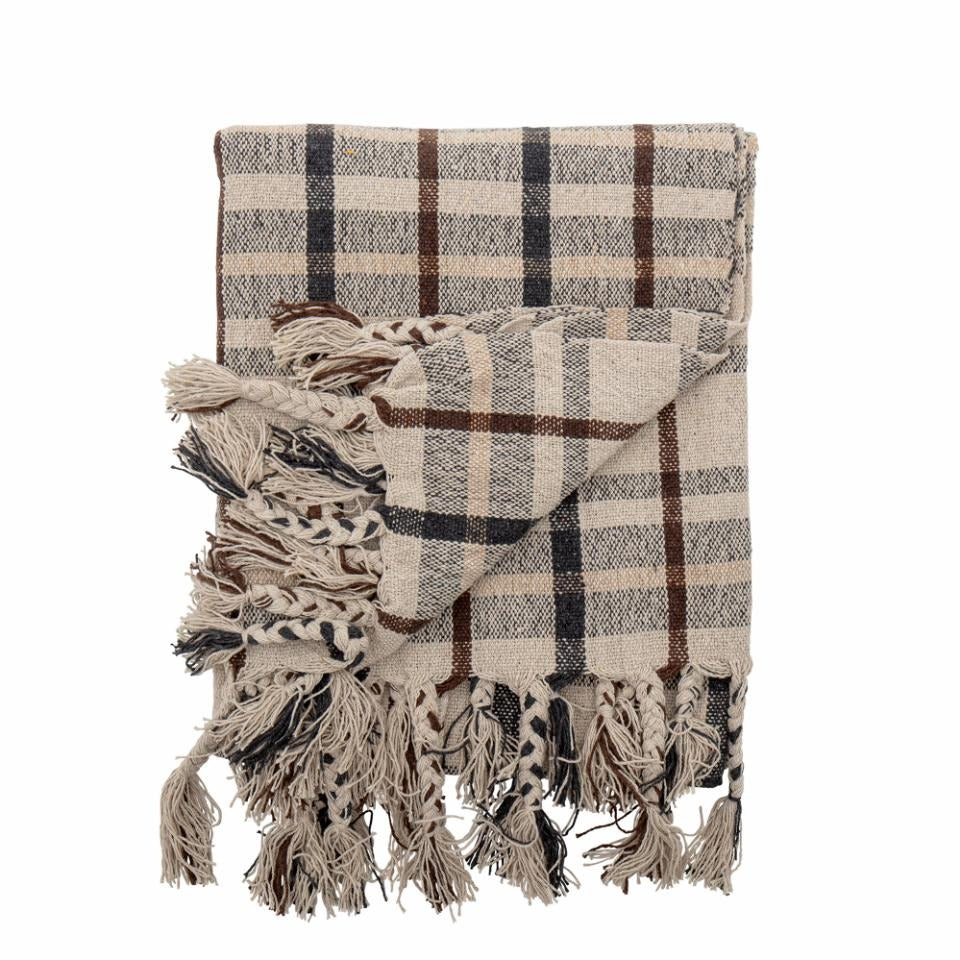 Neutral Checked Woven Throw with Tassels