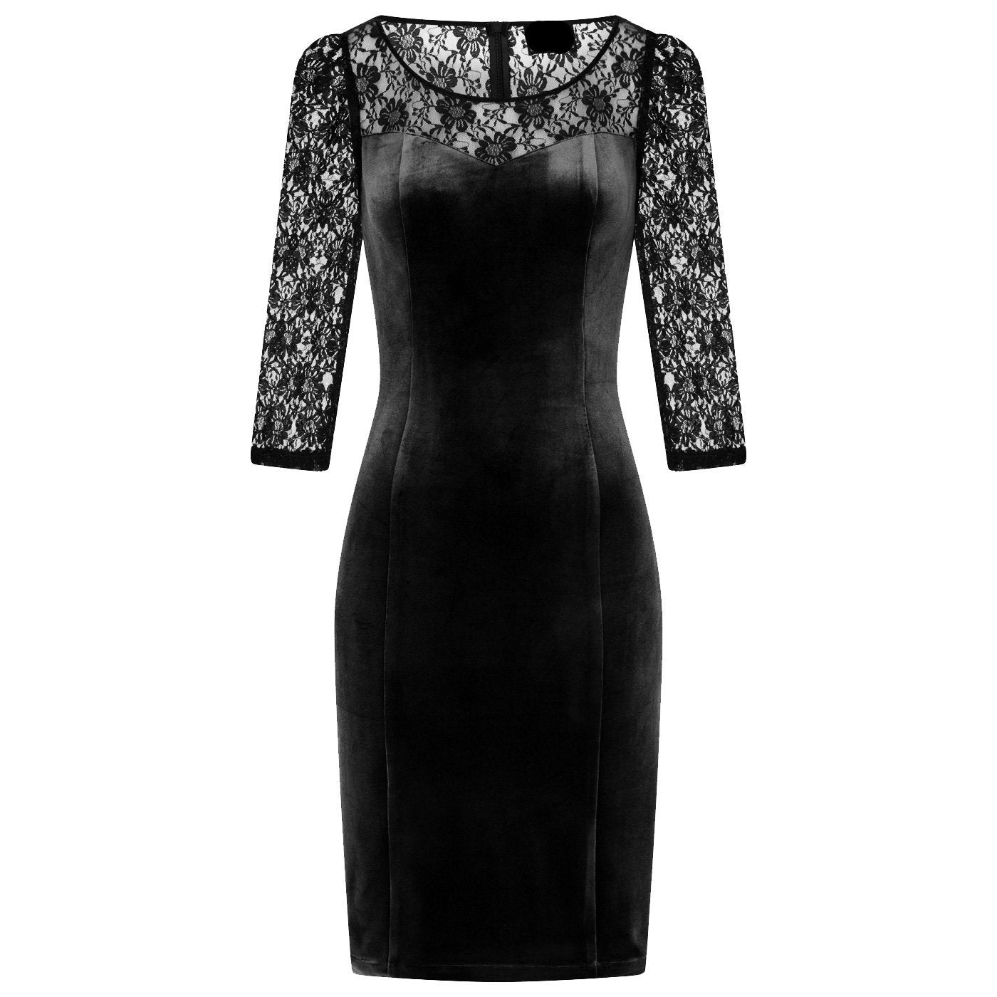 Black Velvet and Lace 3/4 Sleeve Scoop Neck Wiggle Pencil Dress - Pretty Kitty Fashion