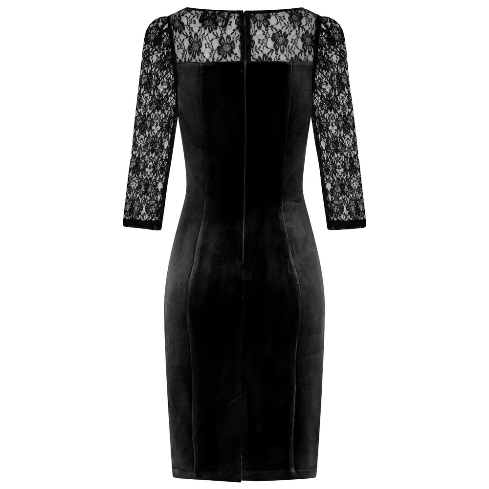Black Velvet and Lace 3/4 Sleeve Scoop Neck Wiggle Pencil Dress - Pretty Kitty Fashion