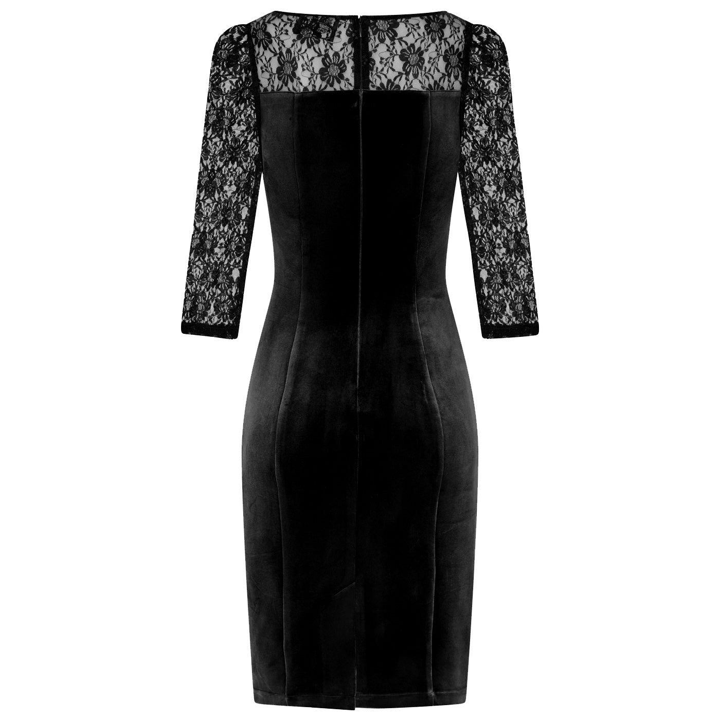 Black Velvet and Lace 3/4 Sleeve Scoop Neck Wiggle Pencil Dress - Pretty Kitty Fashion