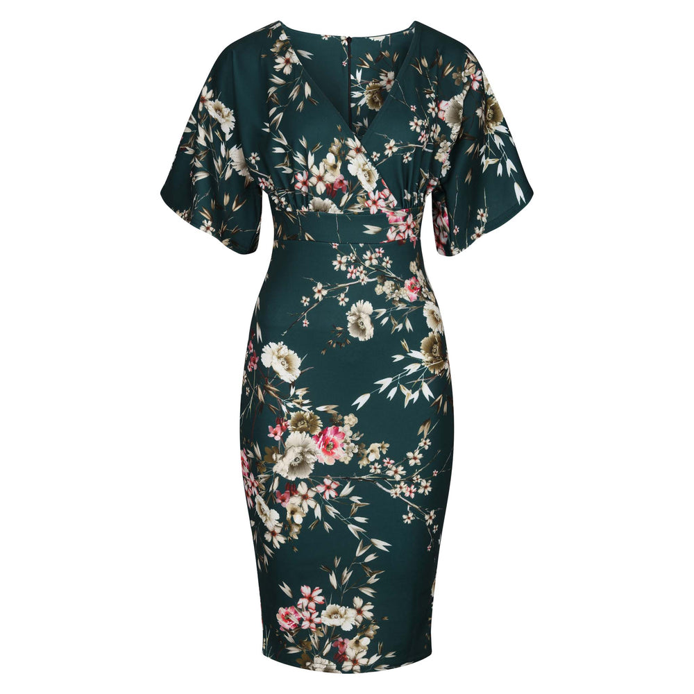 Forest Green Floral Half Batwing Sleeve Crossover Top Pencil Dress