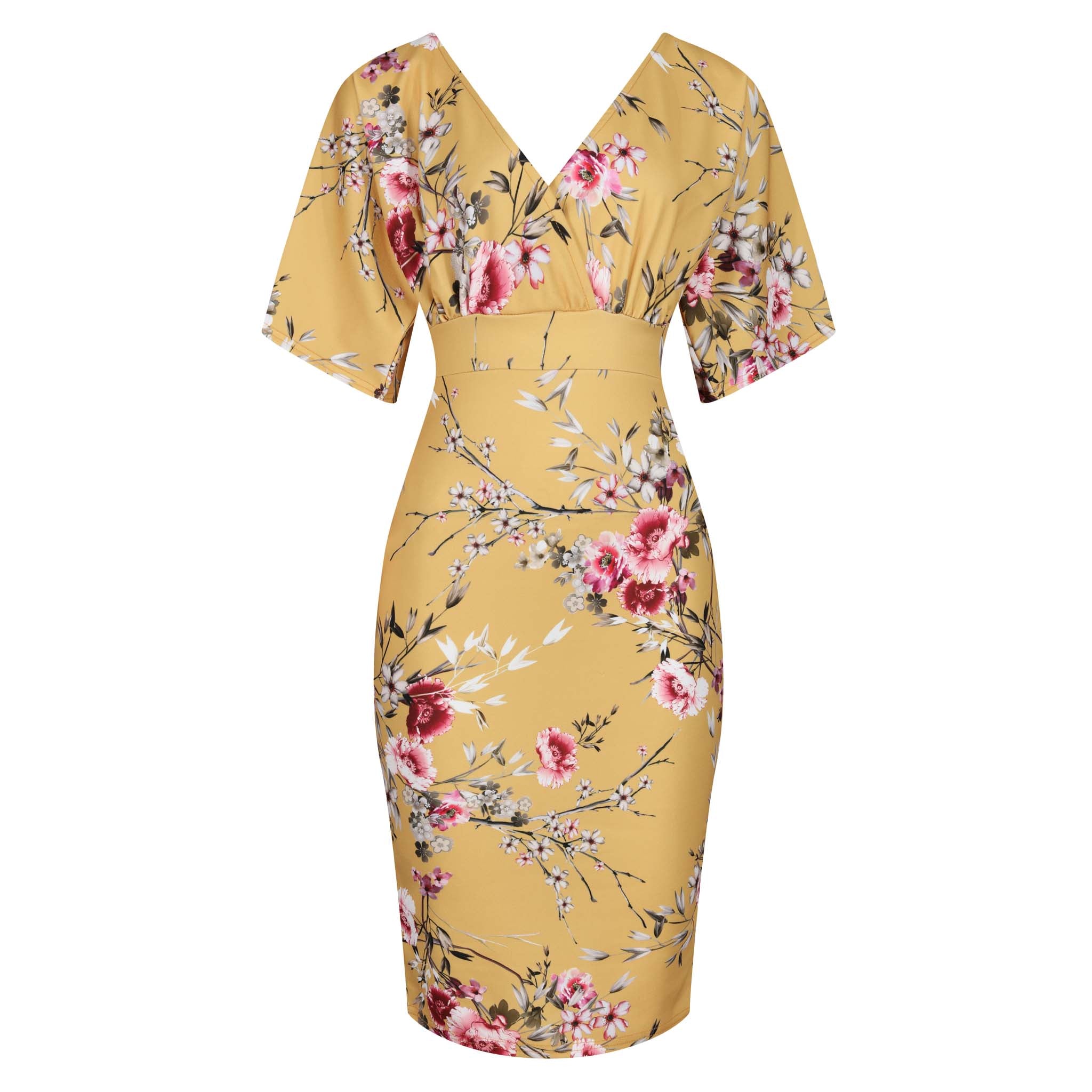 Mustard Floral Half Batwing Sleeve Crossover Top Pencil Dress