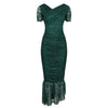 Emerald Green Ruched Lace Maxi Dress